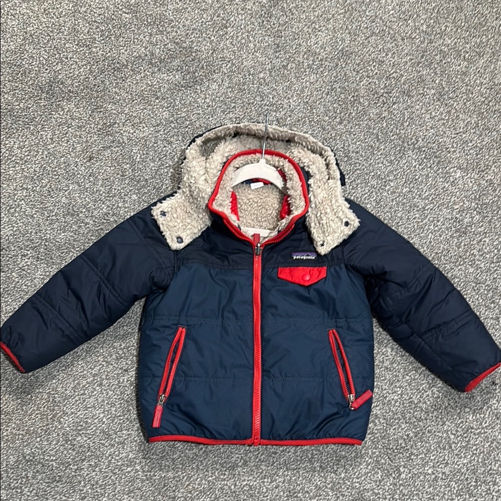 Navy and Red Puffer Jacket with Faux Fur Hood